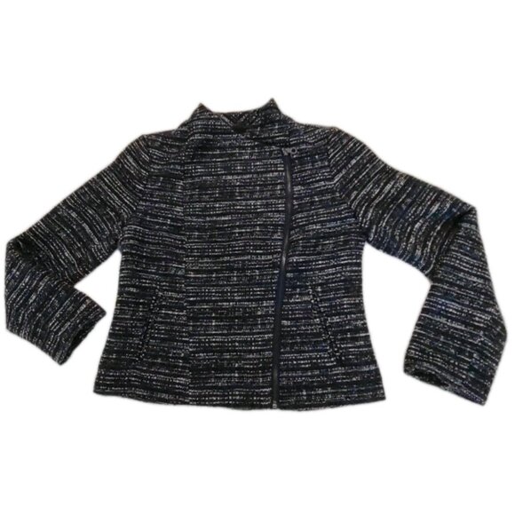 Banana Republic Factory Blazer Womens Sz 12 Blue  Black White Tweed Short Jacket - Picture 1 of 12